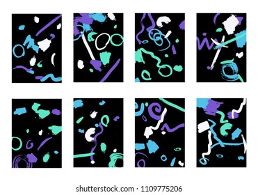 Set of 8 Cover Templates with Bright Brush Strokes on Black Background. Colorful Base For Poster, Banner, Greeting Card or Invitation. Abstract Editable Design in Retro Style of 1990s