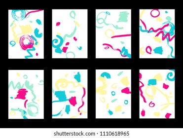 Set of 8 Cover Templates with Bright Brush Strokes on White Background. Colorful Base For Poster, Banner, Greeting Card or Invitation. Abstract Editable Design in Retro Style of 1990s