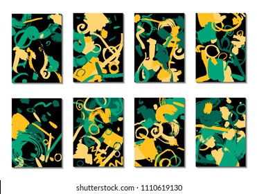 Set of 8 Cover Templates with Bright Brush Strokes on Black Background. Abstract Editable Design in Retro Style of 1990s. Colorful Base For Poster, Banner, Greeting Card or Invitation.