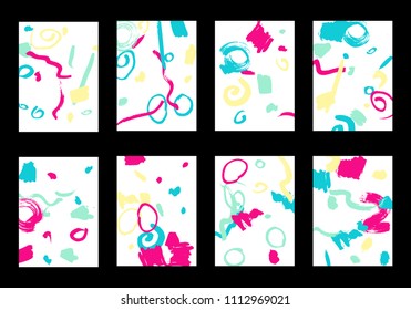Set of 8 Cover Templates with Bright Brush Strokes on White Background. Colorful Base For Poster, Banner, Greeting Card or Invitation. Abstract Editable Design in Retro Style of 1990s