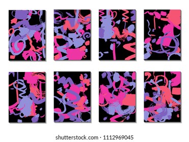 Set of 8 Cover Templates with Bright Brush Strokes on Black Background. Abstract Editable Design in Retro Style of 1990s. Colorful Base For Poster, Banner, Greeting Card or Invitation.