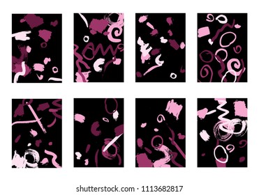Set of 8 Cover Templates with Bright Brush Strokes on Black Background. Colorful Base For Poster, Banner, Greeting Card or Invitation. Abstract Editable Design in Retro Style of 1990s