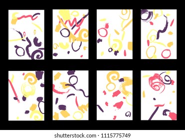 Set of 8 Cover Templates with Bright Brush Strokes on White Background. Colorful Base For Poster, Banner, Greeting Card or Invitation. Abstract Editable Design in Retro Style of 1990s