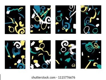 Set of 8 Cover Templates with Bright Brush Strokes on Black Background. Colorful Base For Poster, Banner, Greeting Card or Invitation. Abstract Editable Design in Retro Style of 1990s