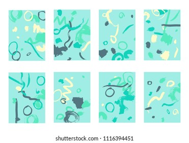 Set of 8 Cover Templates. Bright Abstract Backgrounds for Greeting Cards, Invitations, Posters, Banners. Creative Universal Cards. Hand Drawn Textures with Colorful Brush Strokes.