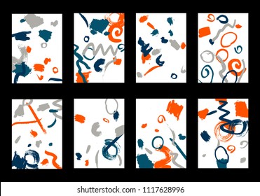 Set of 8 Cover Templates with Bright Brush Strokes on White Background. Colorful Base For Poster, Banner, Greeting Card or Invitation. Abstract Editable Design in Retro Style of 1990s