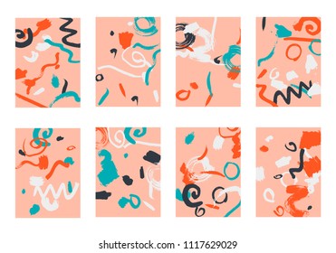 Set of 8 Cover Templates. Bright Abstract Backgrounds for Greeting Cards, Invitations, Posters, Banners. Creative Universal Cards. Hand Drawn Textures with Colorful Brush Strokes.