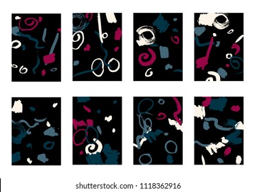 Set of 8 Cover Templates with Bright Brush Strokes on Black Background. Colorful Base For Poster, Banner, Greeting Card or Invitation. Abstract Editable Design in Retro Style of 1990s