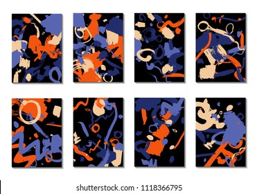 Set of 8 Cover Templates with Bright Brush Strokes on Black Background. Abstract Editable Design in Retro Style of 1990s. Colorful Base For Poster, Banner, Greeting Card or Invitation.
