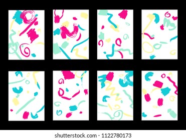 Set of 8 Cover Templates with Bright Brush Strokes on White Background. Colorful Base For Poster, Banner, Greeting Card or Invitation. Abstract Editable Design in Retro Style of 1990s