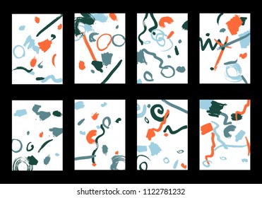 Set of 8 Cover Templates with Bright Brush Strokes on White Background. Colorful Base For Poster, Banner, Greeting Card or Invitation. Abstract Editable Design in Retro Style of 1990s