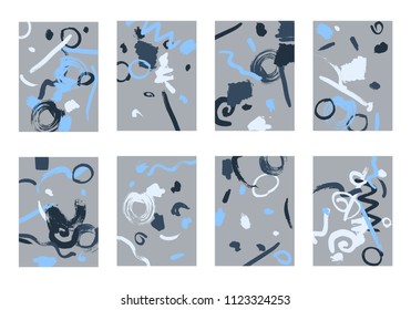 Set of 8 Cover Templates. Bright Abstract Backgrounds for Greeting Cards, Invitations, Posters, Banners. Creative Universal Cards. Hand Drawn Textures with Colorful Brush Strokes.