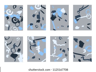Set of 8 Cover Templates. Bright Abstract Backgrounds for Greeting Cards, Invitations, Posters, Banners. Creative Universal Cards. Hand Drawn Textures with Colorful Brush Strokes.
