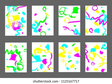 Set of 8 Cover Templates with Bright Brush Strokes on White Background. Colorful Base For Poster, Banner, Greeting Card or Invitation. Abstract Editable Design in Retro Style of 1990s