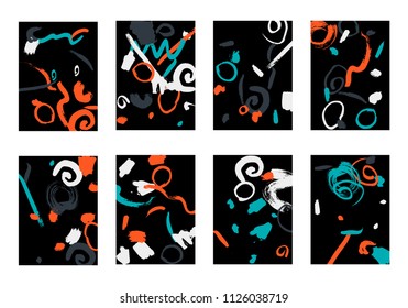 Set of 8 Cover Templates with Bright Brush Strokes on Black Background. Colorful Base For Poster, Banner, Greeting Card or Invitation. Abstract Editable Design in Retro Style of 1990s