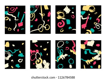 Set of 8 Cover Templates with Bright Brush Strokes on Black Background. Colorful Base For Poster, Banner, Greeting Card or Invitation. Abstract Editable Design in Retro Style of 1990s
