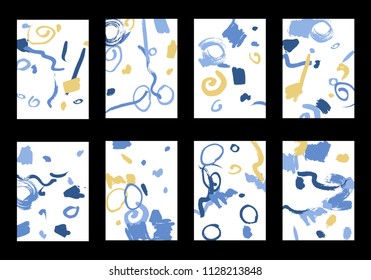 Set of 8 Cover Templates with Bright Brush Strokes on White Background. Colorful Base For Poster, Banner, Greeting Card or Invitation. Abstract Editable Design in Retro Style of 1990s