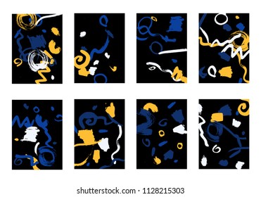 Set of 8 Cover Templates with Bright Brush Strokes on Black Background. Colorful Base For Poster, Banner, Greeting Card or Invitation. Abstract Editable Design in Retro Style of 1990s