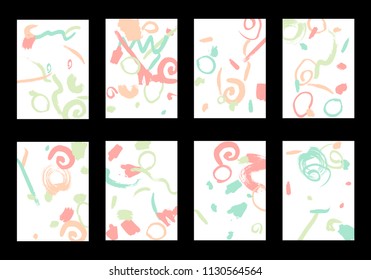 Set of 8 Cover Templates with Bright Brush Strokes on White Background. Colorful Base For Poster, Banner, Greeting Card or Invitation. Abstract Editable Design in Retro Style of 1990s