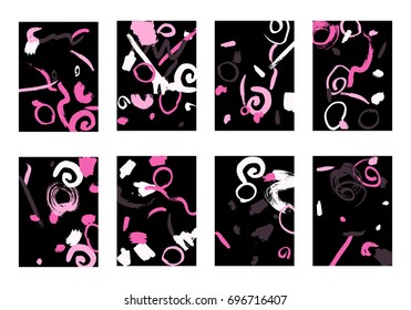 Set of 8 Cover Templates with Bright Brush Strokes on Black Background. Colorful Base For Poster, Banner, Greeting Card or Invitation. Abstract Editable Design in Retro Style of 1990s