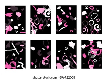 Set of 8 Cover Templates with Bright Brush Strokes on Black Background. Colorful Base For Poster, Banner, Greeting Card or Invitation. Abstract Editable Design in Retro Style of 1990s