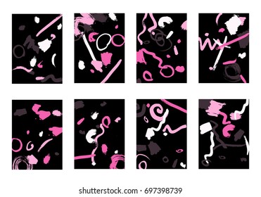 Set of 8 Cover Templates with Bright Brush Strokes on Black Background. Colorful Base For Poster, Banner, Greeting Card or Invitation. Abstract Editable Design in Retro Style of 1990s