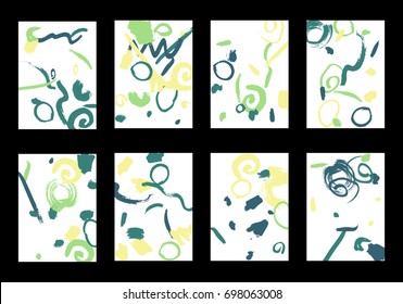 Set of 8 Cover Templates with Bright Brush Strokes on White Background. Colorful Base For Poster, Banner, Greeting Card or Invitation. Abstract Editable Design in Retro Style of 1990s