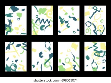 Set of 8 Cover Templates with Bright Brush Strokes on White Background. Colorful Base For Poster, Banner, Greeting Card or Invitation. Abstract Editable Design in Retro Style of 1990s