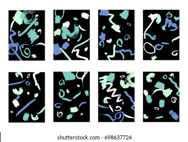 Set of 8 Cover Templates with Bright Brush Strokes on Black Background. Colorful Base For Poster, Banner, Greeting Card or Invitation. Abstract Editable Design in Retro Style of 1990s