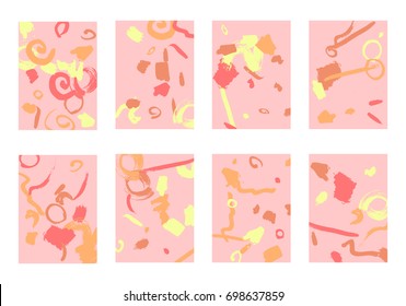 Set of 8 Cover Templates. Bright Abstract Backgrounds for Greeting Cards, Invitations, Posters, Banners. Creative Universal Cards. Hand Drawn Textures with Colorful Brush Strokes.