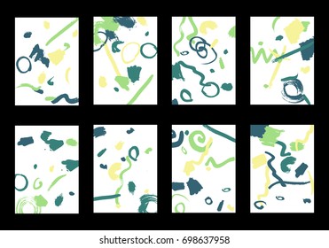 Set of 8 Cover Templates with Bright Brush Strokes on White Background. Colorful Base For Poster, Banner, Greeting Card or Invitation. Abstract Editable Design in Retro Style of 1990s