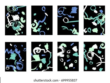 Set of 8 Cover Templates with Bright Brush Strokes on Black Background. Colorful Base For Poster, Banner, Greeting Card or Invitation. Abstract Editable Design in Retro Style of 1990s