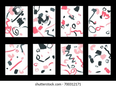 Set of 8 Cover Templates with Bright Brush Strokes on White Background. Colorful Base For Poster, Banner, Greeting Card or Invitation. Abstract Editable Design in Retro Style of 1990s