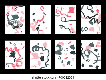 Set of 8 Cover Templates with Bright Brush Strokes on White Background. Colorful Base For Poster, Banner, Greeting Card or Invitation. Abstract Editable Design in Retro Style of 1990s
