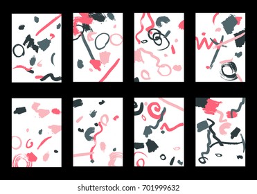 Set of 8 Cover Templates with Bright Brush Strokes on White Background. Colorful Base For Poster, Banner, Greeting Card or Invitation. Abstract Editable Design in Retro Style of 1990s