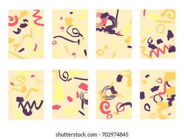 Set of 8 Cover Templates. Bright Abstract Backgrounds for Greeting Cards, Invitations, Posters, Banners. Creative Universal Cards. Hand Drawn Textures with Colorful Brush Strokes.