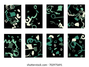 Set of 8 Cover Templates with Bright Brush Strokes on Black Background. Colorful Base For Poster, Banner, Greeting Card or Invitation. Abstract Editable Design in Retro Style of 1990s