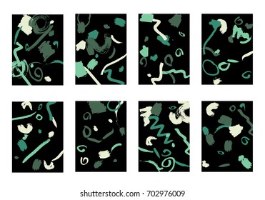 Set of 8 Cover Templates with Bright Brush Strokes on Black Background. Colorful Base For Poster, Banner, Greeting Card or Invitation. Abstract Editable Design in Retro Style of 1990s