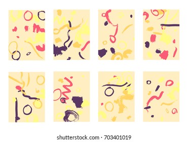 Set of 8 Cover Templates. Bright Abstract Backgrounds for Greeting Cards, Invitations, Posters, Banners. Creative Universal Cards. Hand Drawn Textures with Colorful Brush Strokes.