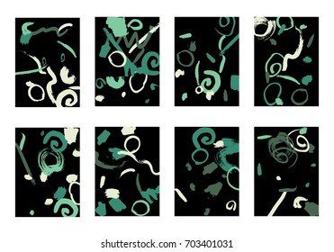Set of 8 Cover Templates with Bright Brush Strokes on Black Background. Colorful Base For Poster, Banner, Greeting Card or Invitation. Abstract Editable Design in Retro Style of 1990s