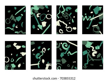 Set of 8 Cover Templates with Bright Brush Strokes on Black Background. Colorful Base For Poster, Banner, Greeting Card or Invitation. Abstract Editable Design in Retro Style of 1990s