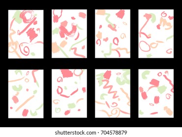 Set of 8 Cover Templates with Bright Brush Strokes on White Background. Colorful Base For Poster, Banner, Greeting Card or Invitation. Abstract Editable Design in Retro Style of 1990s