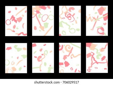 Set of 8 Cover Templates with Bright Brush Strokes on White Background. Colorful Base For Poster, Banner, Greeting Card or Invitation. Abstract Editable Design in Retro Style of 1990s