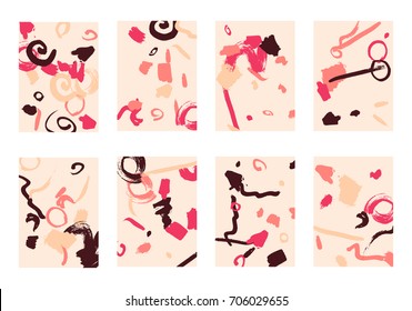 Set of 8 Cover Templates. Bright Abstract Backgrounds for Greeting Cards, Invitations, Posters, Banners. Creative Universal Cards. Hand Drawn Textures with Colorful Brush Strokes.