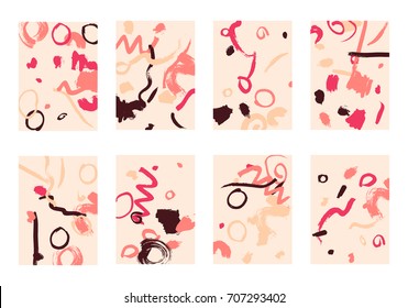 Set of 8 Cover Templates. Bright Abstract Backgrounds for Greeting Cards, Invitations, Posters, Banners. Creative Universal Cards. Hand Drawn Textures with Colorful Brush Strokes.