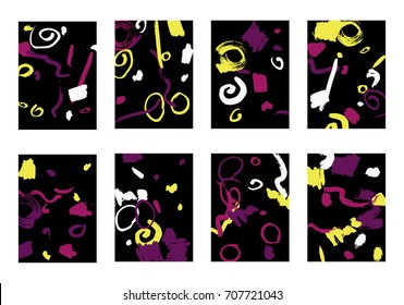Set of 8 Cover Templates with Bright Brush Strokes on Black Background. Colorful Base For Poster, Banner, Greeting Card or Invitation. Abstract Editable Design in Retro Style of 1990s