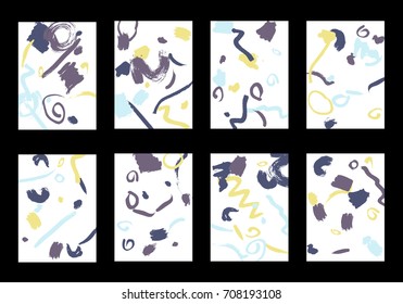 Set of 8 Cover Templates with Bright Brush Strokes on White Background. Colorful Base For Poster, Banner, Greeting Card or Invitation. Abstract Editable Design in Retro Style of 1990s