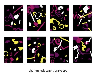 Set of 8 Cover Templates with Bright Brush Strokes on Black Background. Colorful Base For Poster, Banner, Greeting Card or Invitation. Abstract Editable Design in Retro Style of 1990s
