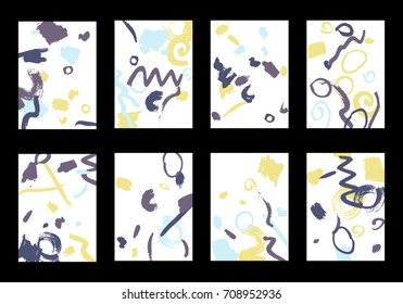 Set of 8 Cover Templates with Bright Brush Strokes on White Background. Colorful Base For Poster, Banner, Greeting Card or Invitation. Abstract Editable Design in Retro Style of 1990s