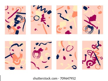Set of 8 Cover Templates. Bright Abstract Backgrounds for Greeting Cards, Invitations, Posters, Banners. Creative Universal Cards. Hand Drawn Textures with Colorful Brush Strokes.